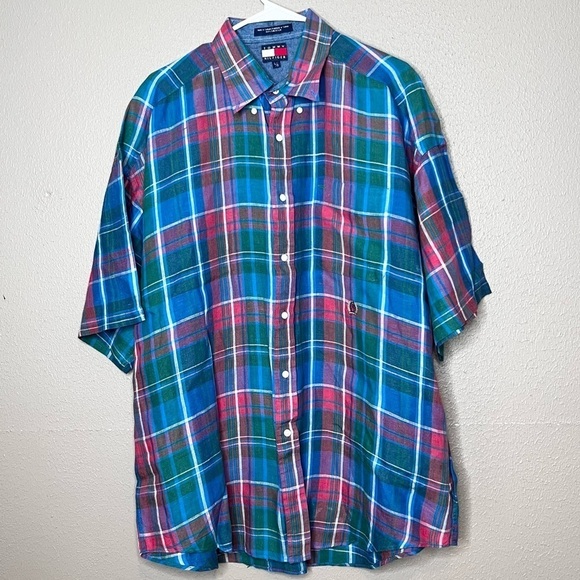 Tommy Hilfiger Other - Tommy Hilfiger Mens L Multicolor Plaid Short Sleeve Button Up Shirt 100% Linen